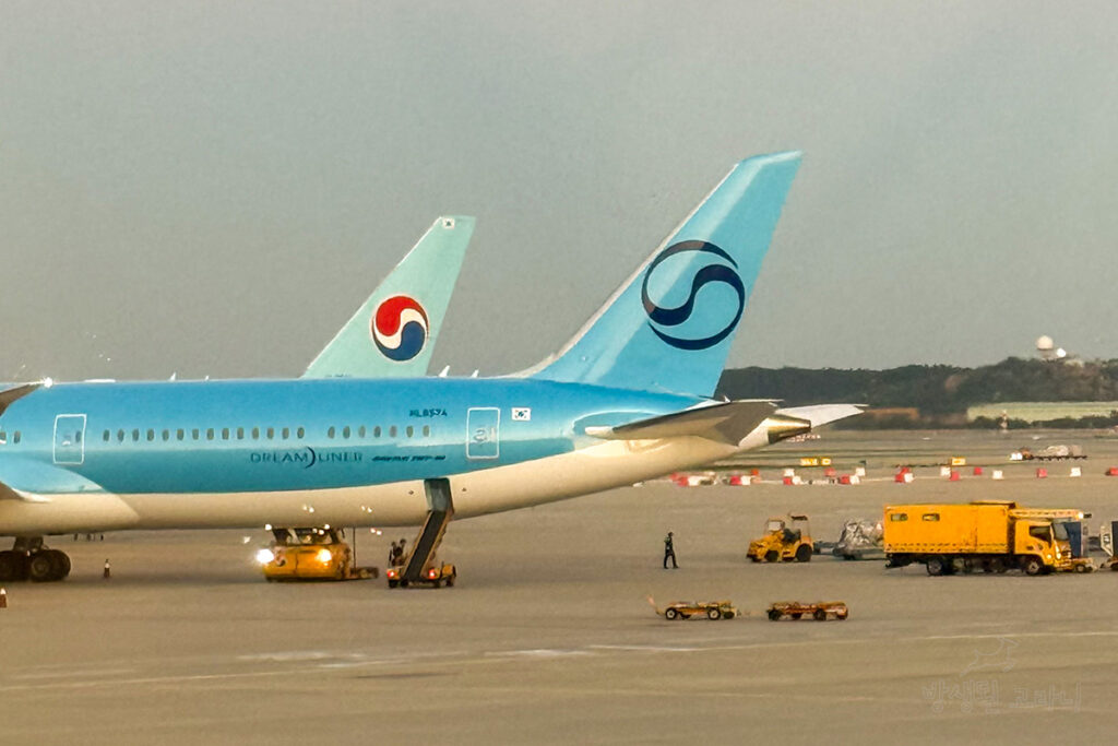 인천공항 계류장에 나란히 주기된 대한항공 구도장과 신도장 항공기