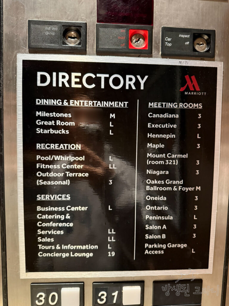 나이아가라 호텔 엘리베이터 층별 안내도