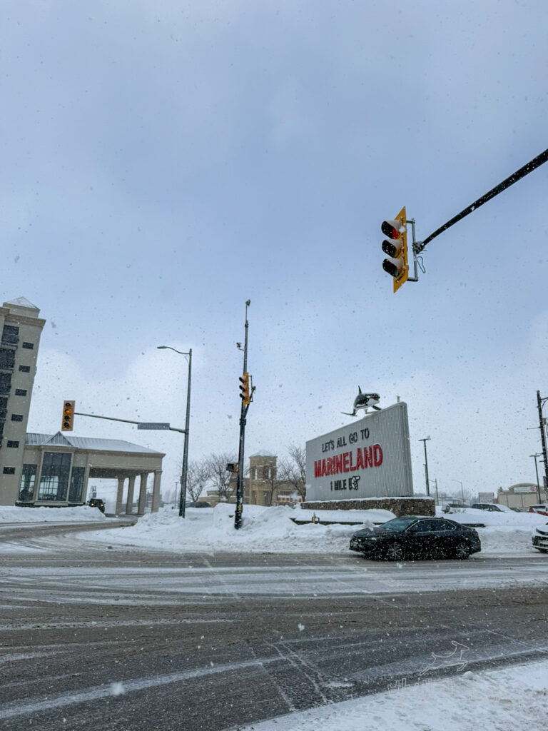 마린랜드 간판 보이는 나이아가라 폴스 겨울 거리