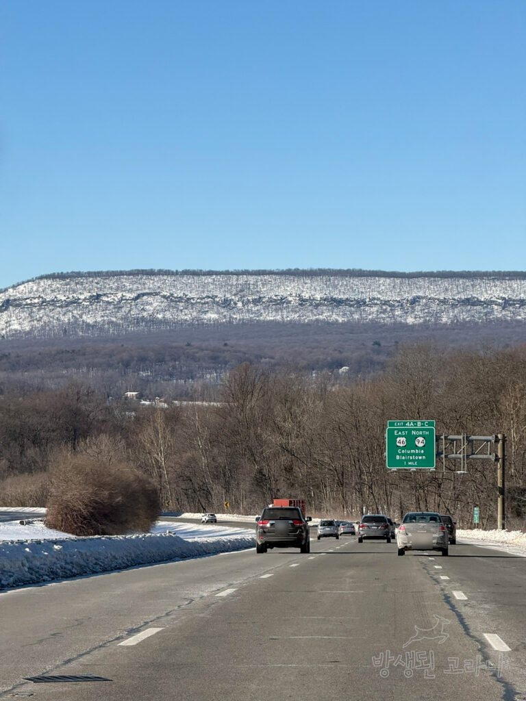 뉴욕 나이아가라 로드트립 중 바라본 눈 덮인 산