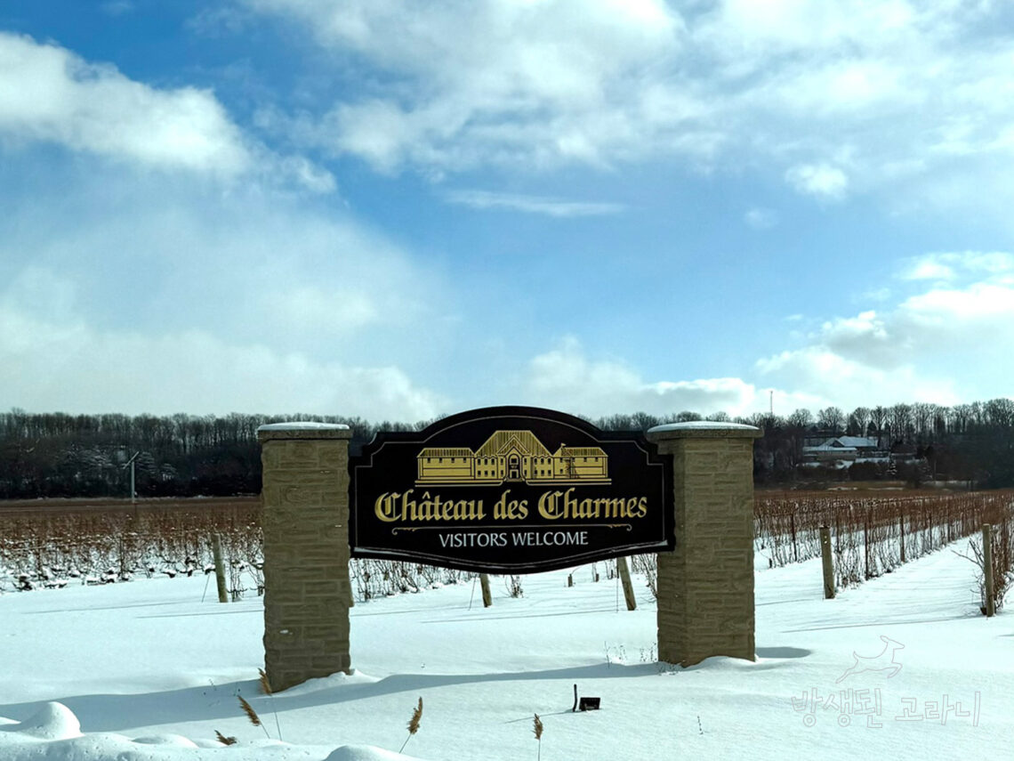 나이아가라 와이너리 입구 환영 표지석과 포도밭