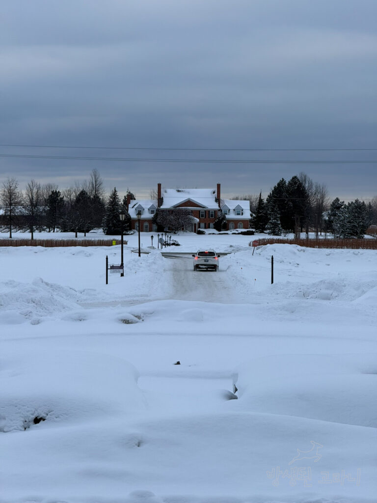 와이너리 앞 눈 덮인 도로와 집 풍경