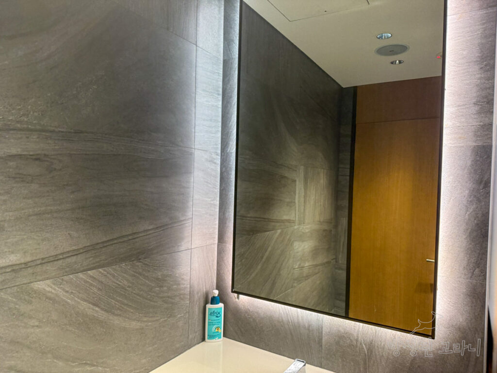 라운지 화장실 세면대와 거울