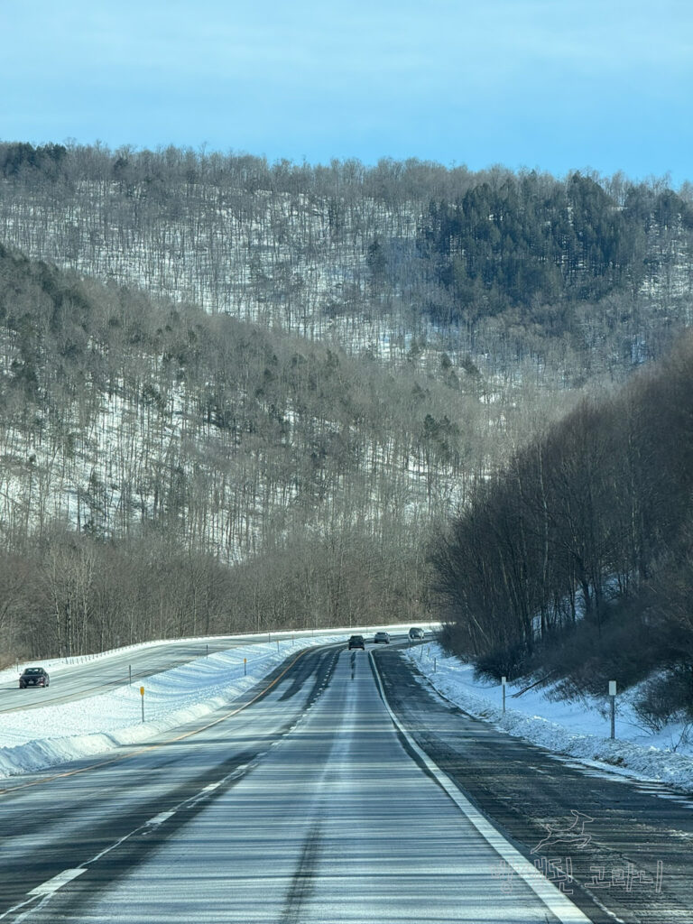 길게 뻗은 도로 끝으로 눈 덮인 산 풍경
