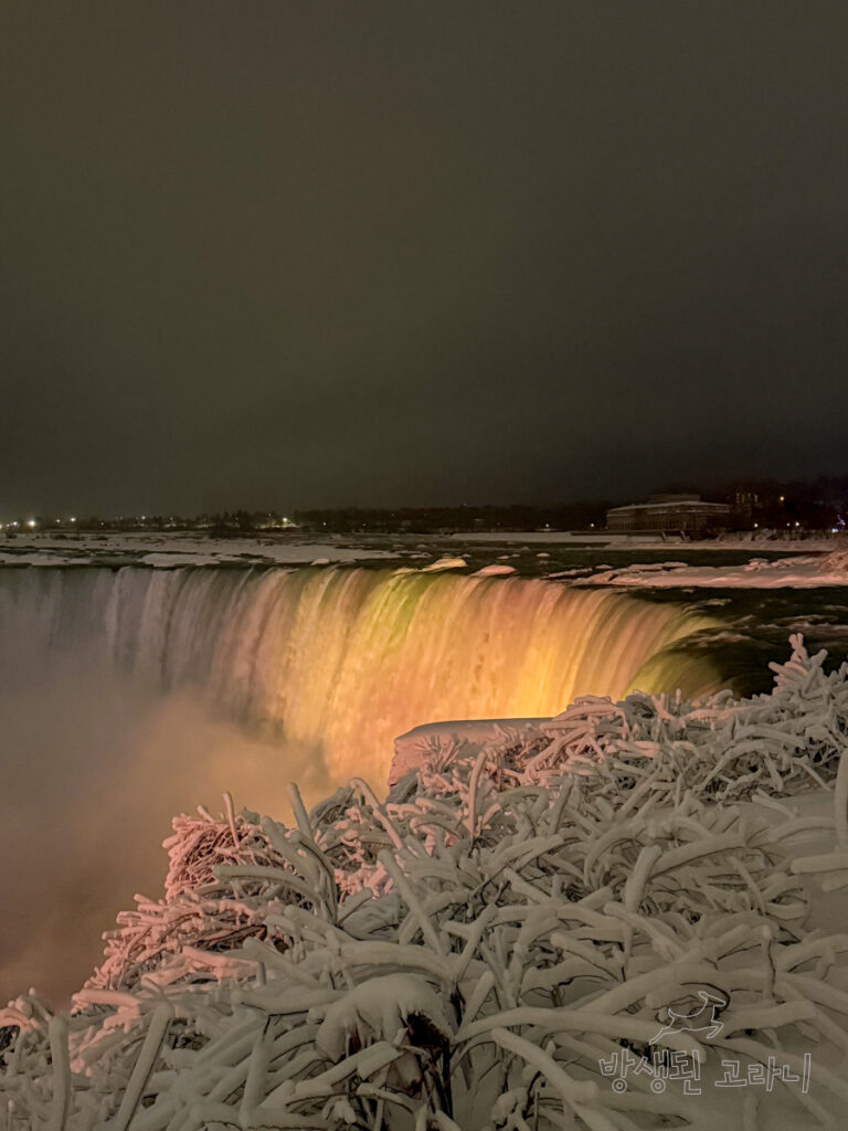 트로피칼 색감의 조명과 눈꽃이 어우러진 나이아가라 폭포