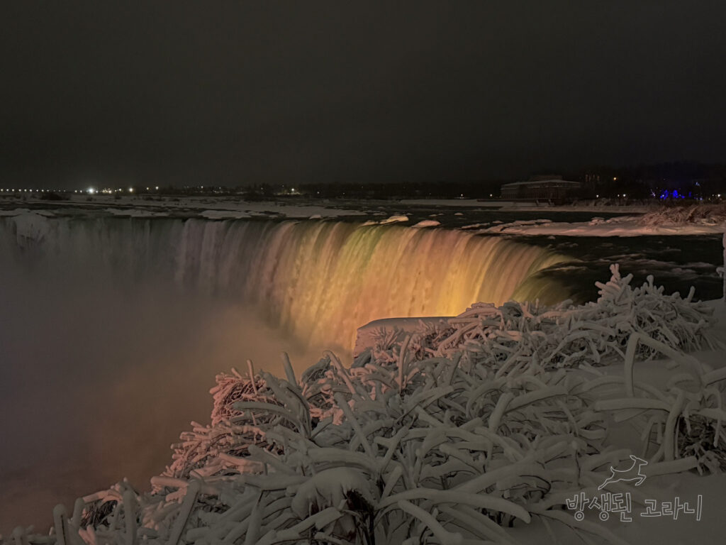 트로피칼 조명과 눈꽃이 가득한 나이아가라 폭포 와이드 전경