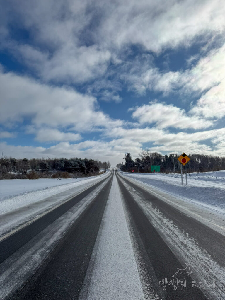 도로 한가운데에서 바라본 끝없이 뻗은 미국 직선 도로와 하늘
